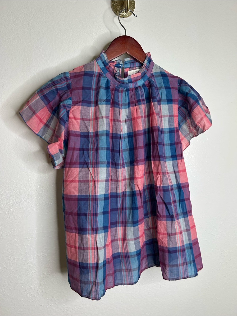 NWT Trovata 100% Cotton Carla High Neck Pink Blue Plaid Short Sleeve Blouse Top